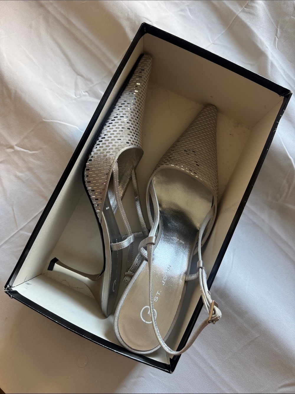 St. John Metallic Silver Pointed Toe Slingback Heels